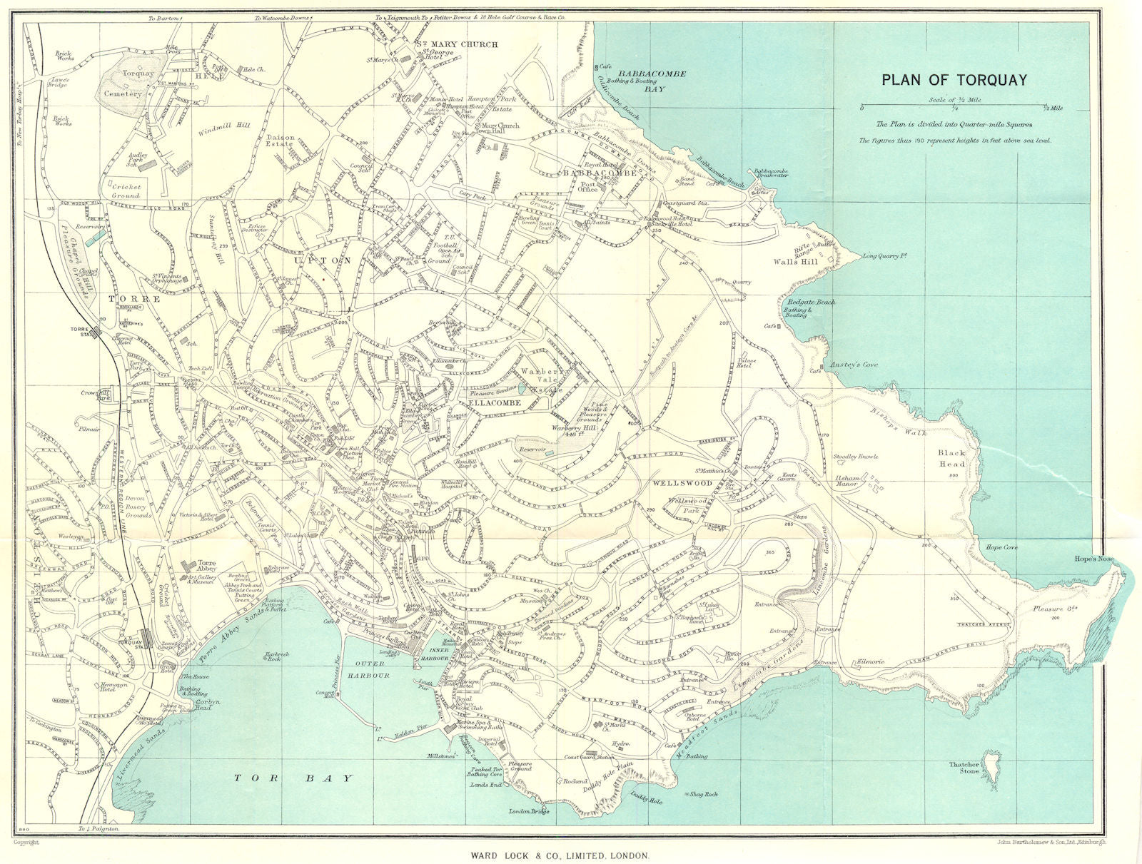 TORQUAY vintage town/city plan. Devon. WARD LOCK 1952 old vintage map chart